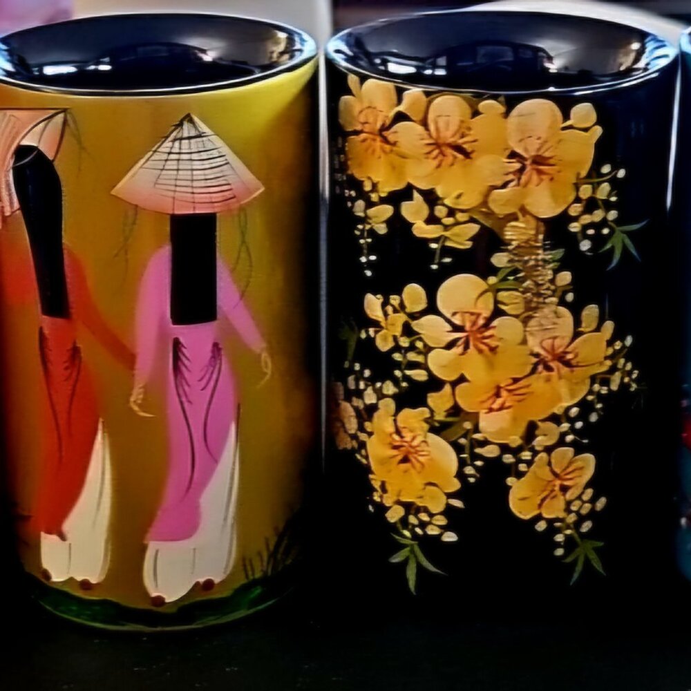 Set of 4 Lacquerware Hand-painted Colorful Bamboo Cup Vietnamese Crafts mug